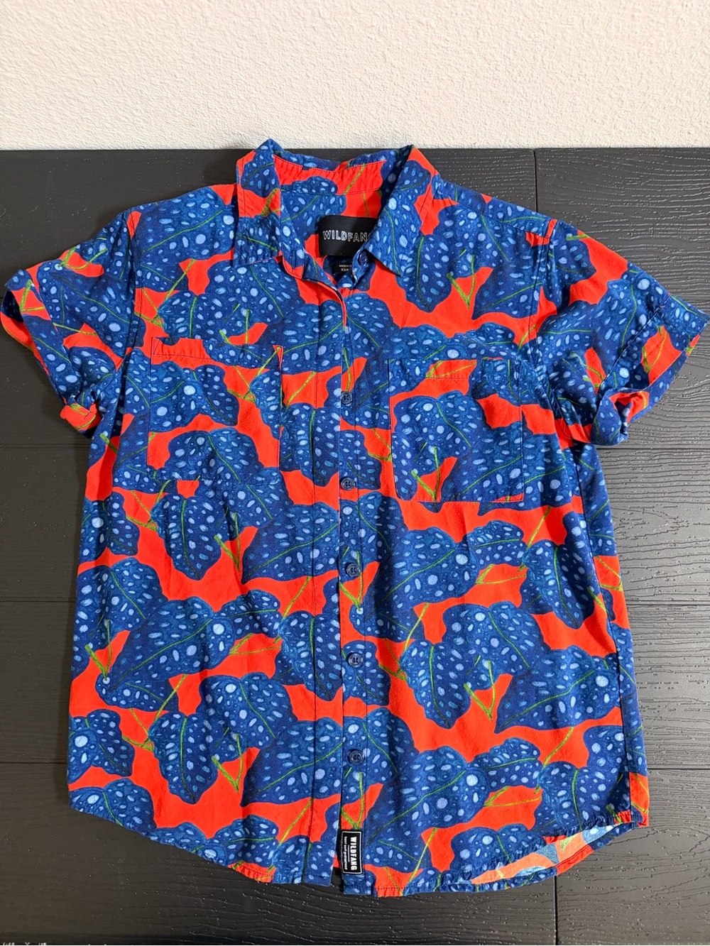Wildfang Short-Sleeve Button-Up Shirt - Blue & Red Leaf Print